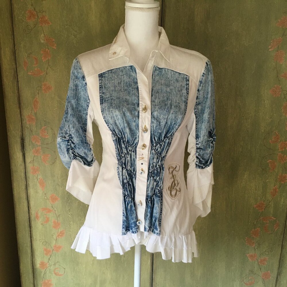 Elisa Cavaletti White & Denim Blouse Size M